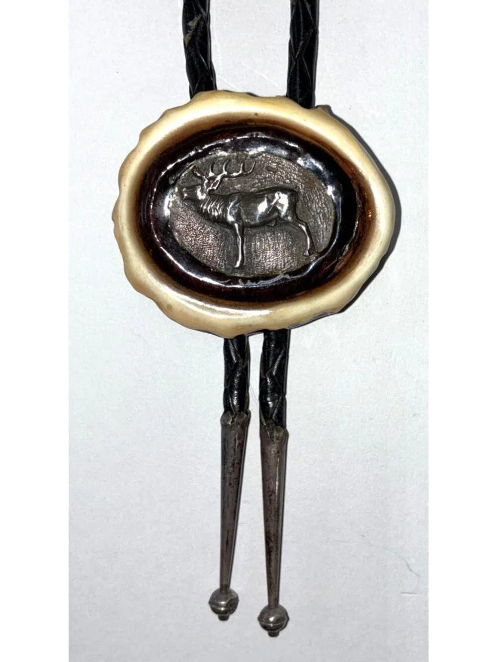 VTG Real Silver Elk on Faux Antler Bolo Tie Black Leather Cord